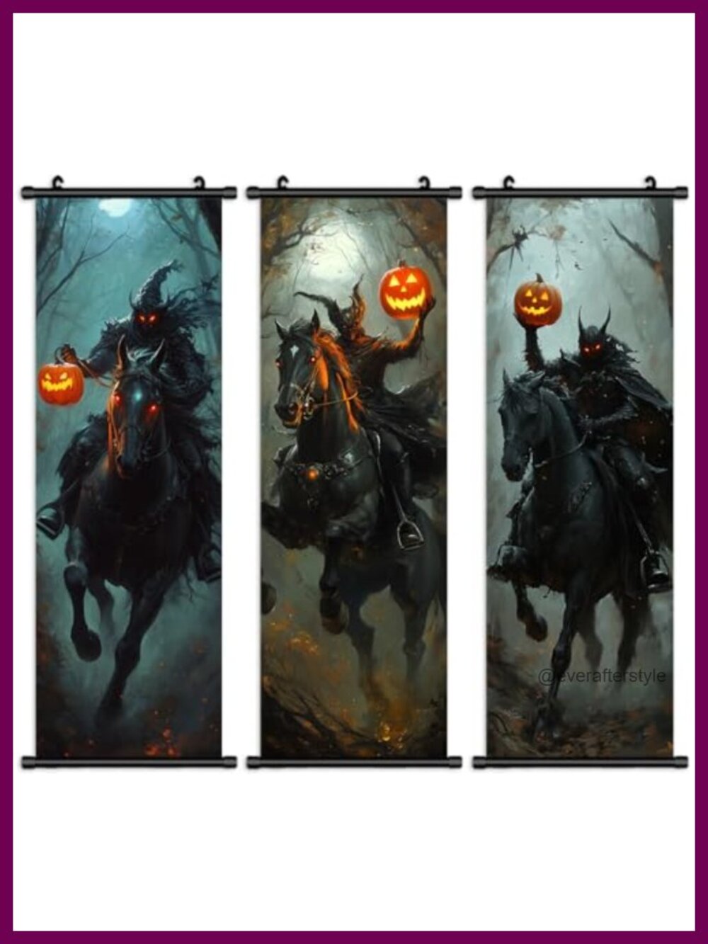 Vintage Halloween Wall Art Set 3Pc Headless Horseman Canvas Poster Decor